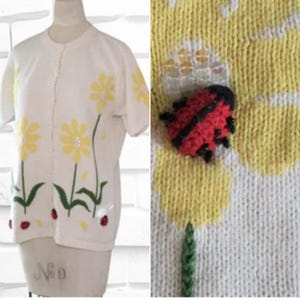 1980&#39;S DAISY LADYBUG sweater size medium vintage sequined cardigan with 3d knitted ladybugs cottage core gardener womens gift for her