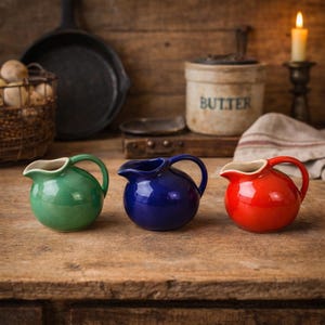 Könnte beinhalten: Drei kleine, runde Keramikkrüge in Grün, Blau und Rot, jeweils mit weißem Innenraum und gebogenem Henkel. Sie stehen auf einer Holzoberfläche, mit einer rustikalen Küchenumgebung im Hintergrund. Eine gusseiserne Pfanne und ein Buttertopf sind ebenfalls zu sehen.