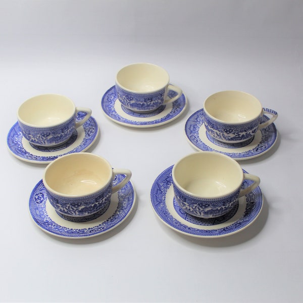 BLUE WILLOW cups and saucer,price is for one cup /one saucer, blue and white transferware, 1940's coffee cup ,dinnerware shabby chic.