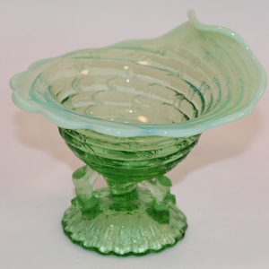OPALESCENT GREEN CANDY dish by Northwood whimsey bowl C 1905 Ocean shell with twig footed base antique glassware gift for vintage home decor