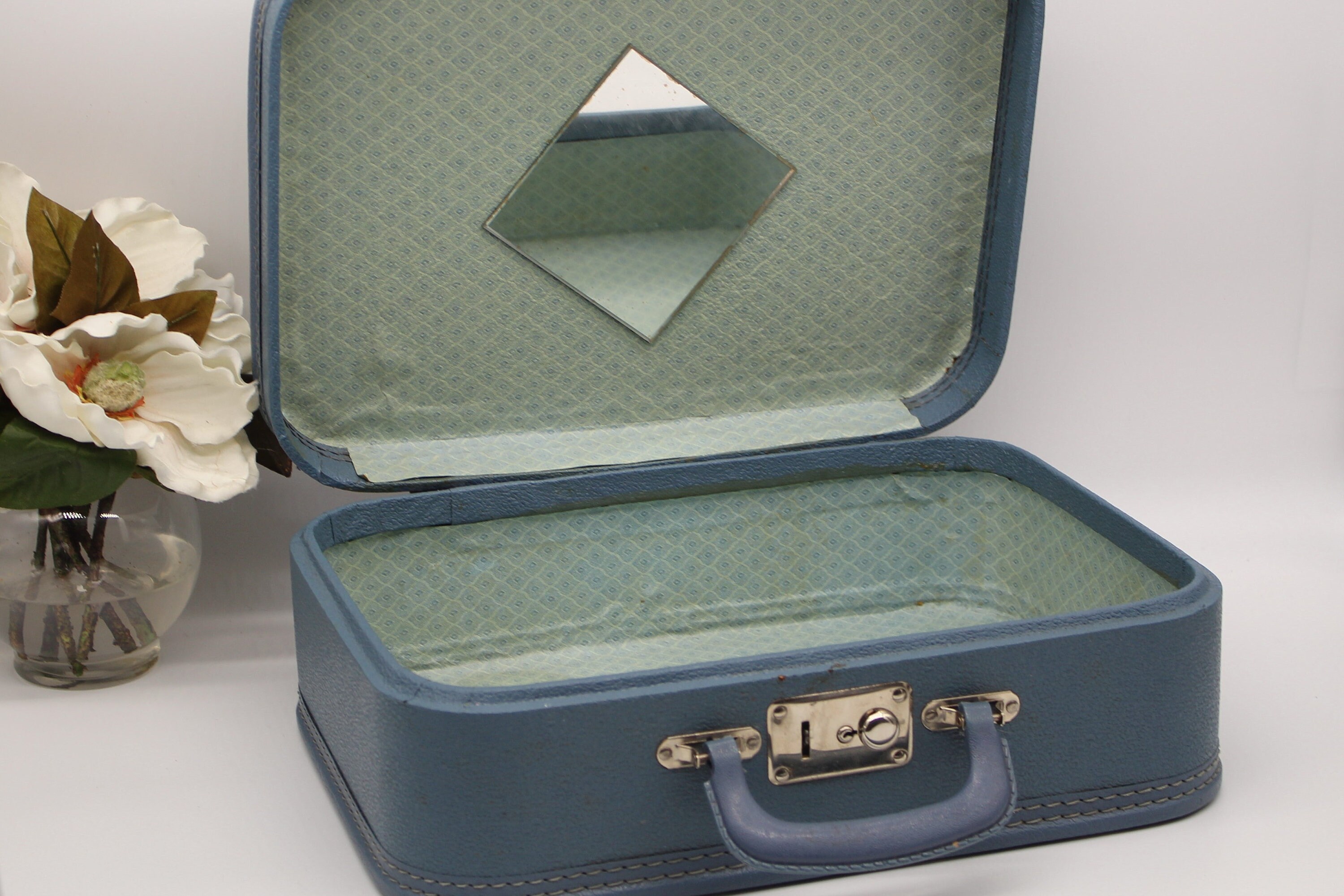 Train Case Vintage Schell Gris Argenté - Valise Cosmétique Avec Miroir, 14 Pouces, Occasion