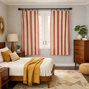 May include: A bedroom interior with a bed, mustard-coloured throw, and red and cream striped curtains. A wooden dresser, nightstands, and a sunburst mirror are visible. A patterned rug adds texture to the room. The curtains are approximately 200 cm in length.