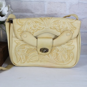 1950&#39;s 1970&#39;s TOOLED LEATHER SATCHEL handmade bag by Avalar, gorgeous large vintage yellow leather purse with brass closure