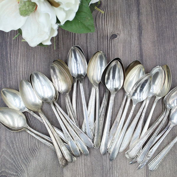 VINTAGE SPOONS,  silver plated spoons for coffee station, upscale luncheon desserts, wedding tableware, various patterns  of antique spoons.