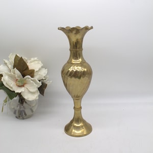 VINTAGE BRASS VASE Hollywood Regency boho chic shelf decor 14&quot; tall gold fluted flower vase 1980s home decor grandma core gift for
