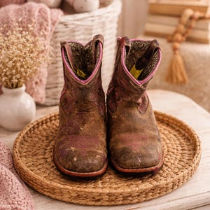 May include: A pair of worn brown leather cowboy boots with pink accents, resting on a woven tray. The boots have a distressed look, with pink stitching and lining. The background includes a white basket, a star, and books.