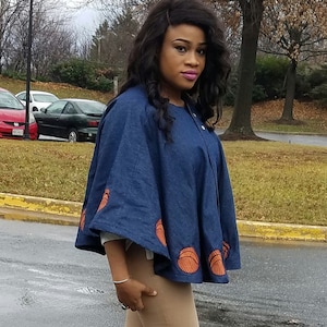 Ankara jean cape.  Cape jacket for women, Ankara cape, African print top. Ankara women top. Ankara design. Jean cape. Patched ankara cape.