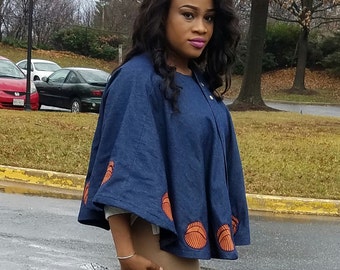 Ankara Jean Cape. Cape Jacket for Women, Ankara Cape, African Print Top. Ankara Women Top. Ankara Design. Jean Cape. Patched Ankara Cape.