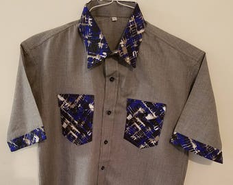 Grey African print shirt men, Ankara short sleeves shirt for men. Short sleeves shirt for men. Men shirt. African print shirt. Summer shirt