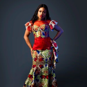 African print dress, Ankara corset dress, Ankara long dress, Ankara dress with organza. Red Ankara dress.  Ankara prom dress