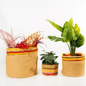 Puede incluir: Tres maceteros de yute de diferentes tamaños, cada uno con un ribete a rayas de colores. El macetero más grande contiene flores secas de colores, el mediano tiene una pequeña planta verde y el más grande contiene una gran planta verde.