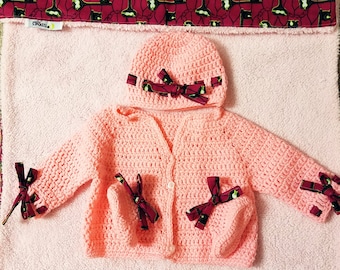 African print baby girl gift set. newborn knitted set, Ankara receivable blanket. Ankara crochet cardigan. Ankara baby cap and bootie.