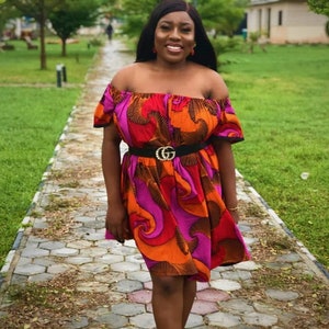 Vestido estampado africano ombro a ombro, vestido de verão Ancara, vestido curto Ancara com jugo. Vestido Ancara para mulher, vestido de verão para mulher.