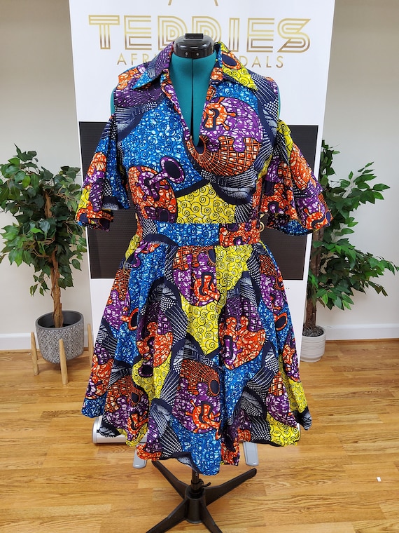 African Shirt Dress, Ankara Cold Shoulder Dress With Waist Belt
