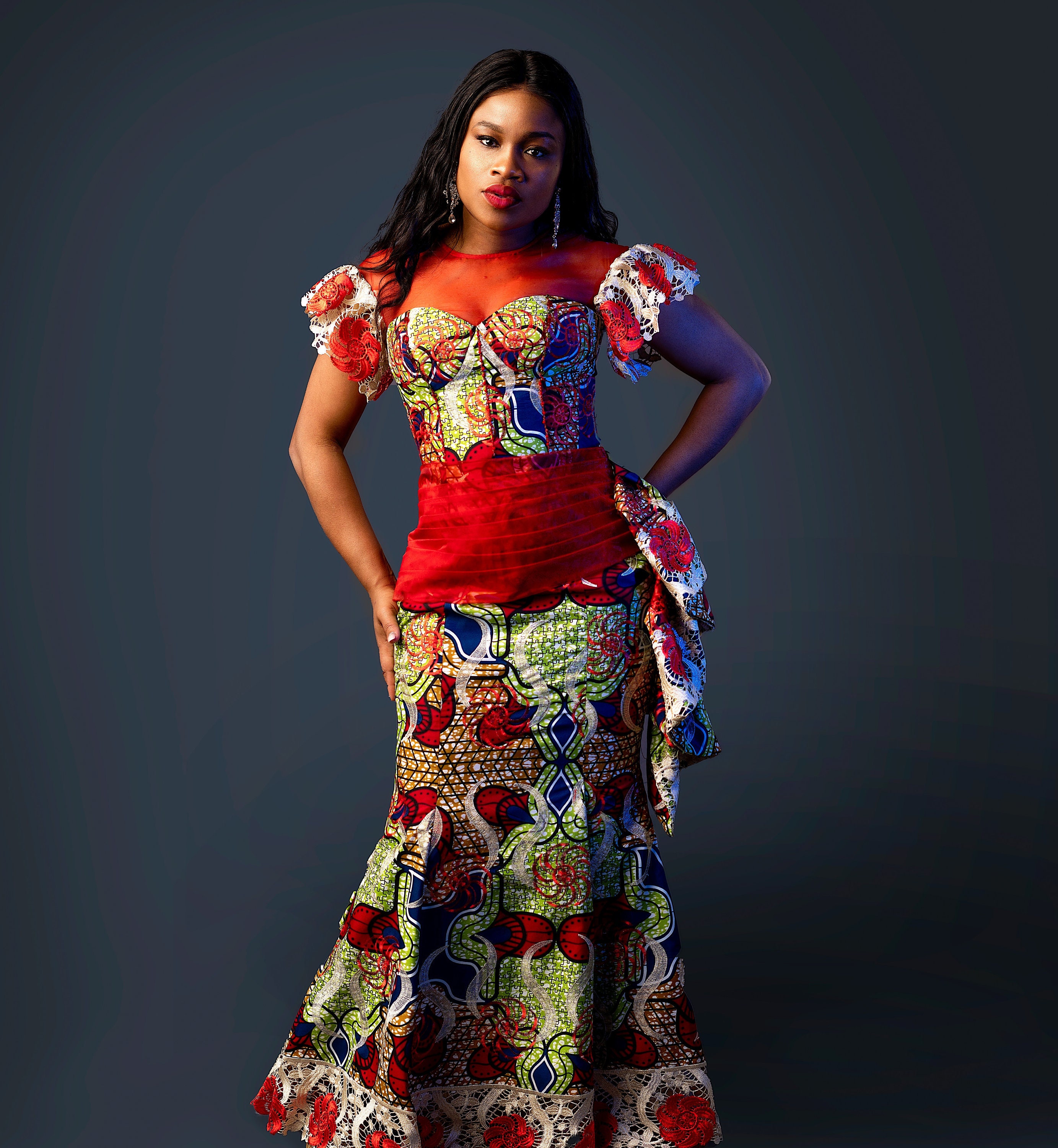 African print dress, Ankara corset dress, Ankara long dress, Ankara dress  with organza. Red Ankara dress. Ankara prom dress