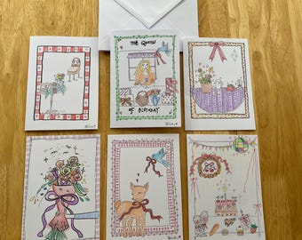 Whimsical Hand Drawn Greeting Cards Set of 5 Occasion Elegant Cards