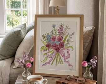 Original Watercolor Floral Bouquet Painting | Pink Ribbon Cottagecore Wall Art