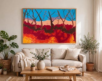 Autumn Garden Oil Pastel Painting, Colorful Landscape Wall Art, Botanical Decor