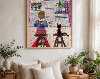 Original Cat Café Illustration | Whimsical Mixed Media Artwork, Black Cat Lover Home Decor