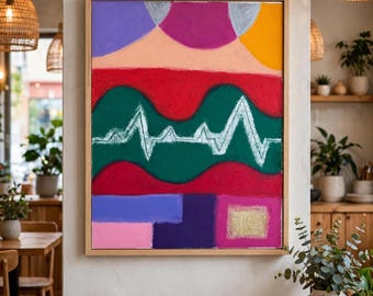 Original Oil Pastel Painting, Colorful Geometric Abstract Canvas Art