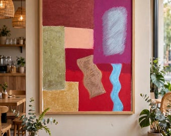 Original Oil Pastel Abstract Painting, Geometric Color Block Canvas Art-Hidden Pathways