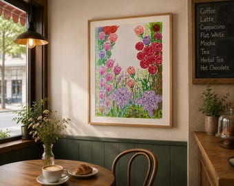 Original Floral Garden Oil Pastel Painting, Colourful Botanical Wall Art, Contemporary Nature Artwork Handmade