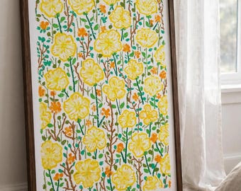 Buttercup Garden Original Artwork, Hand Drawn Floral Art, A4 Botanical Painting, Garden Poetry Series