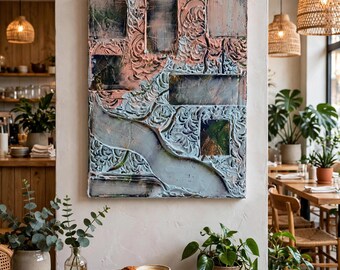 Textured Abstract Mixed Media Painting | Copper, Charcoal, Blue Tones Canvas Art