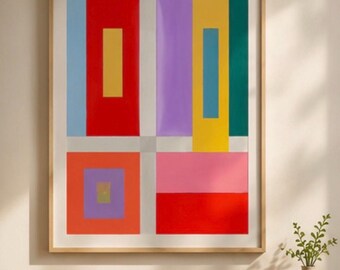 Original Geometric Abstract Painting, Contemporary Colour Block Canvas Art, Modern Hand Drawn Wall Decor