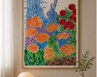 Garden Poetry No. 2, Original Floral Oil Pastel Painting, Colourful Contemporary Nature Wall Art