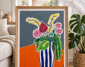 Original Oil Pastel Floral Still Life Drawing in Blue Striped Vase on Paper