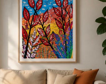 Original Botanical Landscape Painting, Colourful Contemporary Canvas Art, Hand Drawn Mixed Media Wall Decor