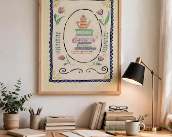 Original Hand Drawn Book & Teapot Illustration, Whimsical Literary Wall Art, One of a Kind