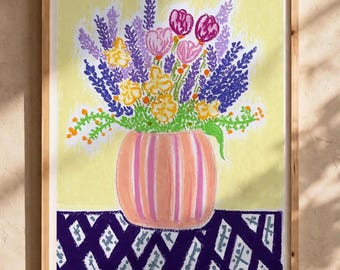 Hand Painted Colorful Floral Print | Boho Vase Wall Art | Digital Download