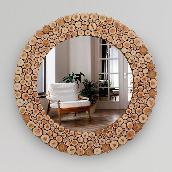 Décoration murale miroir mosaïque en bois 60 cm (24"), miroir fait main, mosaïque d'art mural en tranches de bois, art rustique en tranches, bois de récupération, miroir circulaire