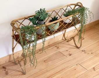 Vintage rattan standing planter. French vintage. Circa 1950.