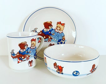 Vintage baby set: plate, bowl and mug. French vintage.