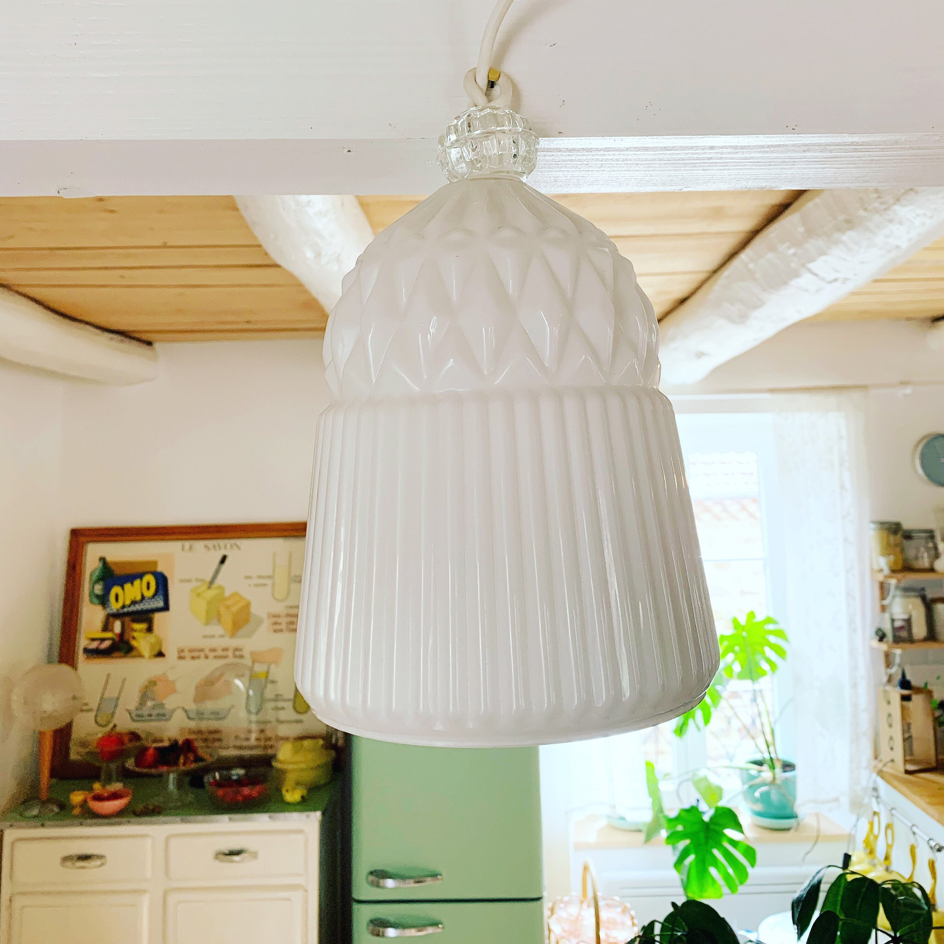 Suspension Vintage en Verre Blanc.