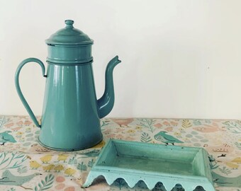 Vintage enameled coffee pot. French vintage. Circa 1950.