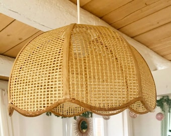 Vintage rattan and fabric pendant light. French vintage.