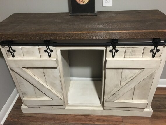 Custom Handcrafted Media Cabinet W Mini Sliding Barn Doors Etsy