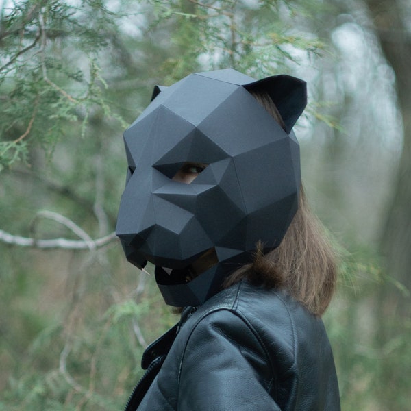 Máscara de pantera, máscara de gato, máscara 3D DIY, máscara de papel, plantilla imprimible, animal, máscara de patrón, Low Poly, máscara de Papercraft, disfraz, Halloween