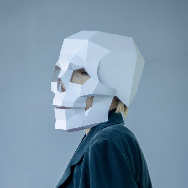 Skull Mask DIY, Papercraft Printable Template to create a DIY Low poly 3D accessory for a Halloween Skeleton costume, Skull Helmet