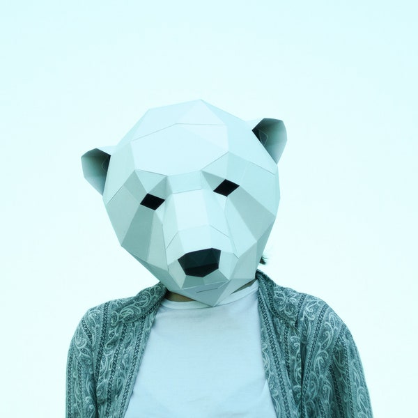 Hacer máscara de oso polar, máscara de polígono, oso blanco, papel de bricolaje, PDF, máscara de oso facial, artesanía de papel, plantilla, casco imprimible, máscara 3D, máscara de papel, Halloween