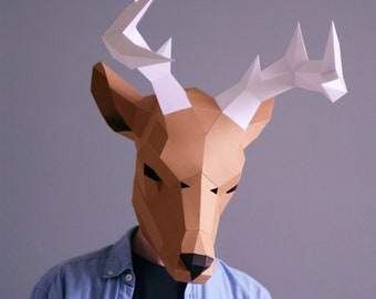 Deer mask template - DIY Animal Head, Halloween mask, Instant Pdf download, Printable Template, Papercraft Mask, 3D Polygon Masks, Low Poly,