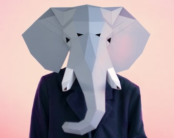 Elephant Mask, DIY Papercraft Template, Halloween Costume Accessory, Animal Mask, Instant Pdf Download, 3D Low Poly Mask,