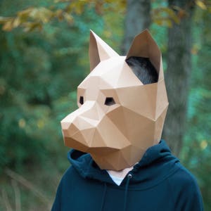 May include: A person wearing a blue hooded sweatshirt with a brown paper mask shaped like a dog's head. The mask has the text "THE MASK SHAME COVER" printed on it.