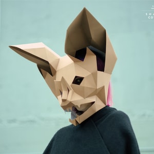 Crea maschera da pipistrello, maschera poligonale, PDF, carta fai da te, maschera da pipistrello, creazione con la carta, modello, casco stampabile, maschera 3D, maschera di carta, festa, costume di Halloween