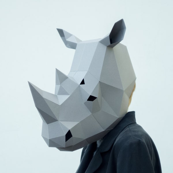 Masque de rhinocéros, modèle d'artisanat en papier, rhinocéros imprimable, masque, téléchargement instantané de pdf, masque 3D Low Poly, animal en origami, cadeau de rhinocéros, bricolage