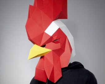 Rooster mask DIY, Papercraft Chicken Mask Printable Template for Halloween Costume Accessory, Low Poly 3D Animal Mask pattern, Bird head